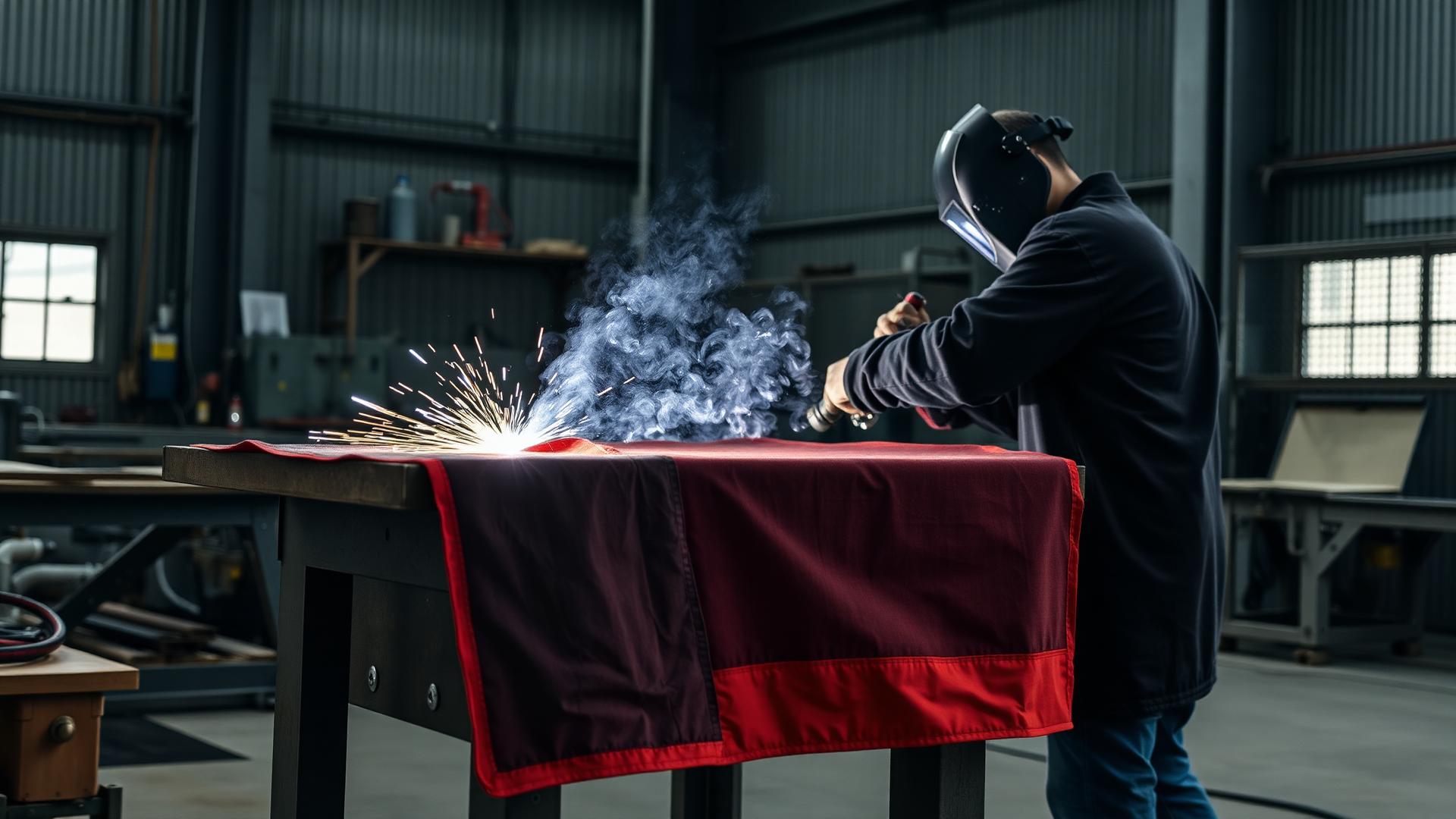 Welding sparks landing on a fire-resistant fiberglass blanket